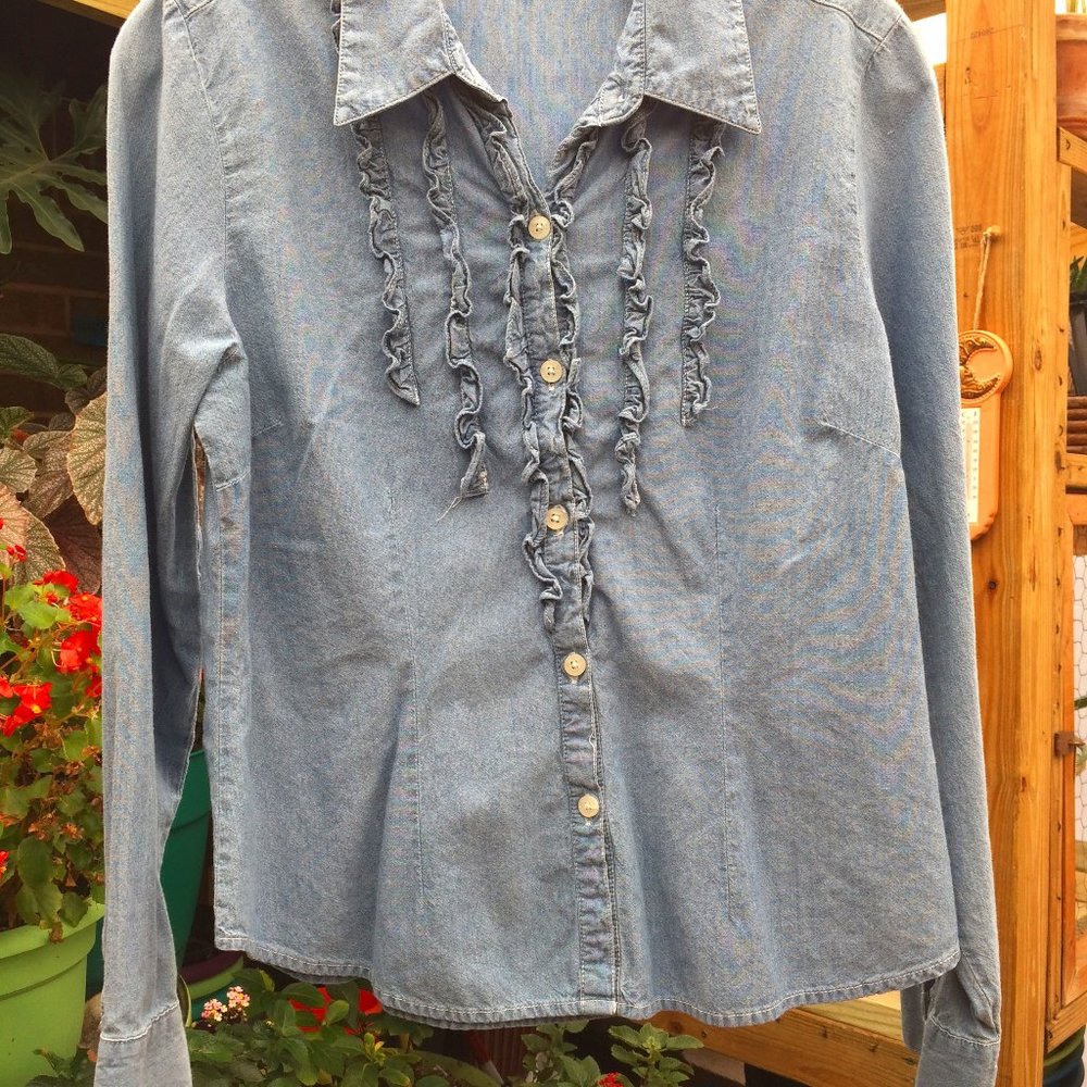 Vintage Gloria Vanderbuilt Denim Ruffled Blouse, P/M